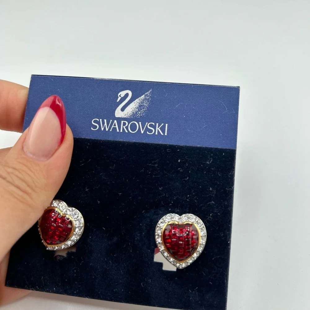 Vintage Women's Swarovski Red & Clear Crystal Curved Heart Clip On Earrings